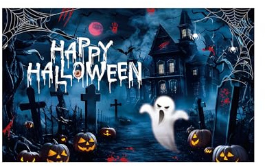Atsmoce® Bannière de décoration d'Halloween, bannière Happy Halloween, fond de décoration d'horreur, 1,1 m x 1,8 m, matériau polyester, décoration pour fête d'Halloween (B)