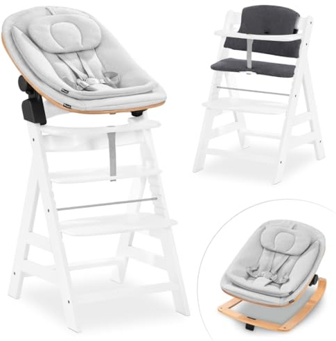 hauck Alpha Plus Newborn Set Eco Bouncer Trona Madera Evolutiva desde el Nacimiento – Sillas Tronas para Niños con Hamaca Recién Nacidos y Cojín de 2 Piezas – Blanco