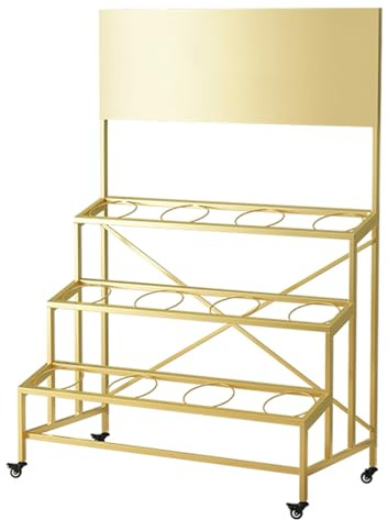 Soporte para plantas de 3 niveles resistente con ruedas, carrito de flores de hierro forjado para uso en interiores, estante móvil de flores para sala de estar y floristas (amarillo)