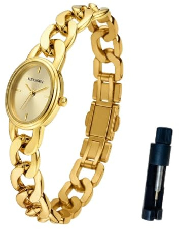 Heyssen Small Gold Watches for Women Western Jewelry Chain Bracelet Trendy–Elegant Oval Dial Easy Read Quartz Movement Stainless Steel Link Band Womens Watches, Waterproof with Tools