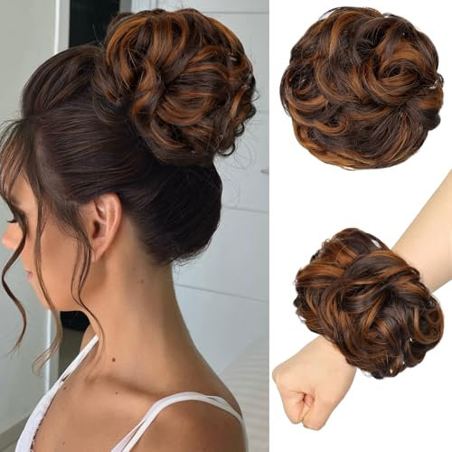 RONTAYA Messy Bun Hair Piece Wavy Curly Scrunchies Synthetic Chignon Ponytail Hair Extensions Updo Hairpieces for Women Dark Brown/Light Auburn