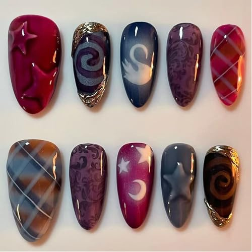 Press On Nails Almond - 24Pcs False Nails Medium Length - 3D Stars Fake Nails With Glue - Full Cover Acrylic Stick On Nails For Women - Gilded Stars & Moon