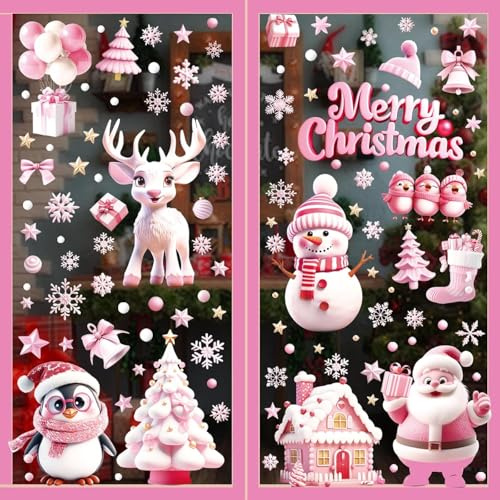 Pegatinas para Ventanas Navideñas,9 Hojas Pegatinas el Muñeco de Nieve de Papá Noel Rodolfo,Pegatinas Estáticas Tridimensionales Rosa Reutilizables en Ambos Lados de la Fiesta Navideña