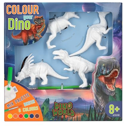 Depesche 12672 Dino World DIY Colour Your Dino - 4 Figure di Dinosauri da Creare da Soli, Set comprensivo di Colori acrilici, pennelli, tavolozza e Istruzioni