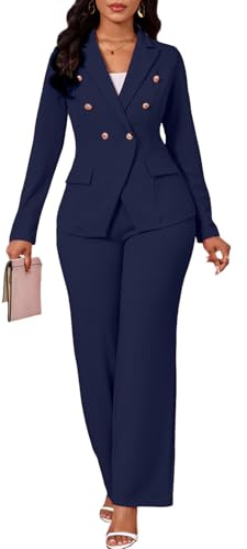 Two Piece Sets for Women Blazer Double Breasted Long Sleeve Jacket Wide Leg Pants Suits Set Business Casual Outfits, Navy Blue, XL
