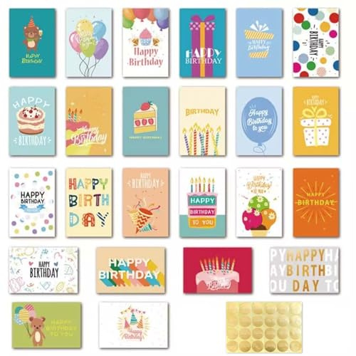 SAVOSWEET Tarjetas de Felicitación Cumpleaños, 24 Piezas Tarjeta de Cumpleaños con Sobre, Happy Birthday Cards para Hombres, Mujeres y Niños (Estilo D)