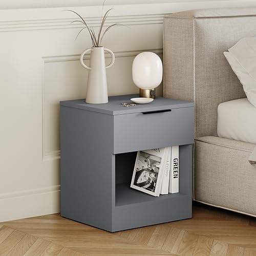 Vida Designs Trega 1 Drawer Bedside Cabinet Grey - Compact Space-Saving Nightstand - 41H x 39W x 28D cm - Engineered Wood - Smooth Glide Drawer, Modern Black Handle - Ideal for Bedroom & Guest Room
