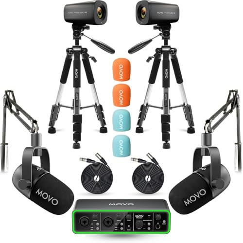 Movo Video Podcast Equipment Bundle β USB Audio Interface, 2 XLR Dynamic Microphones, 2 4K Cameras, 2 Boom Arms β Complete Podcast Setup