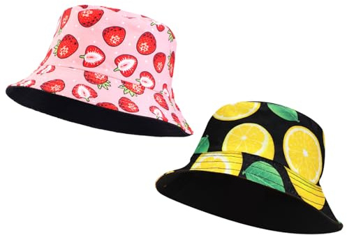 HTTDSLF 2 Pcs Sombrero De Pescador para Mujer, Sombrero para El Sol con Patrón De Fresas y Limones, Sombreros de Pesca Unisex Bordados a la Moda para Adolescentes, para Cámping Viaje