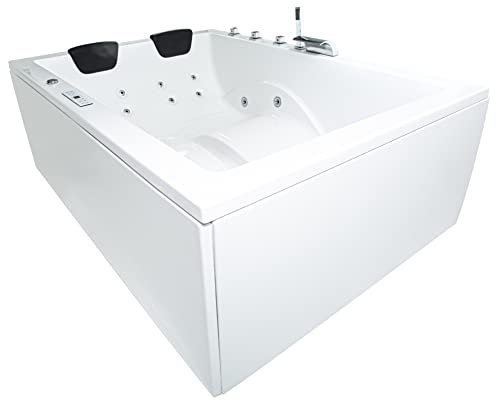 Basera® Classic Indoor Whirlpool Badewanne XXL Wave für 2 Personen mit 24 Massagedüsen, Wasserfall, LED-Ambiente, Touchpanel, Bluetooth und Radio (180 x 130 cm)
