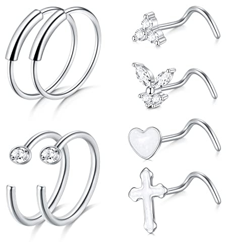 Mayhoop Piercing Näsa Kirurgiskt Stål 20G Piercing Näsa L-formad Hjärta Blomma Fjäril Antler CZ Ring för Kvinnor Män Silver Roséguld, Metall