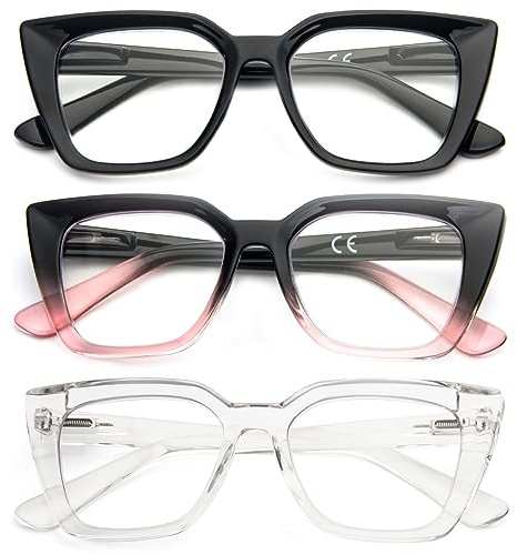 Kodilin 3 Pack Occhiali da lettura donna Oversized Square Anti Luce Blue Computer Lettori Uomo con cerniera a molla (+2.0, nero rosa trasparente)