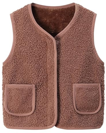 LAEMILIA - Gilet per bambini in pelliccia sintetica, stile sherpa, con cappuccio, tinta unita, senza maniche, caldo, in pile, per autunno e inverno, con tasche, cachi, 8-9 Years