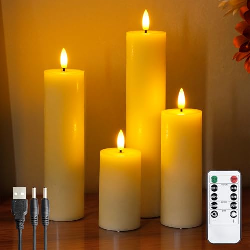 Zevanor Candele LED ricaricabili senza fiamma in avorio con telecomando e Temporizzazione, confezione da 4 candele di cera tremolanti (cavo di ricarica USB, 5,5cm x10 15 20 25cm)