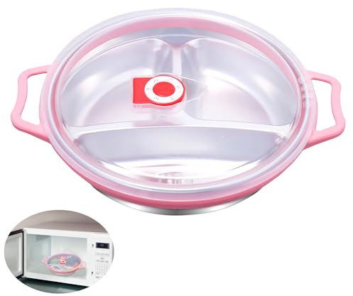 Mikrowellen Teller 1300 ml Mikrowellengeschirr mit Deckel 22CM Mikrowellenteller für Mikrowelle und Frosten Übriger Speisen mit 3 Fach Aufteilung Deckel mit Belüftung BPA Frei (Rosa)