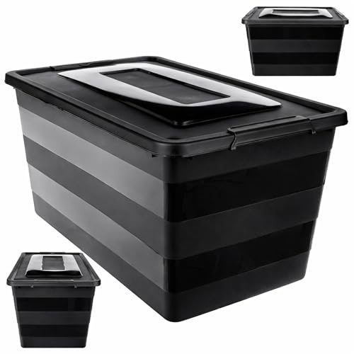 KADAX - Scatola portaoggetti con coperchio, scatola per giocattoli, robusto contenitore in plastica, scatola di conservazione con chiusura a scatto, contenitore (Nero, 55 L)