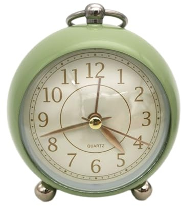 zeroupshop Petite horloge de bureau ronde, rétro pour chambre à coucher, analogique vintage, silencieux, sans tic-tac, doré, réveil à piles, réveil de chevet (vert)