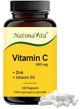 Vitamin C 600 mg mit Zink und Vitamin D3 – 120 Kapseln - Immunsystem, Haut, Haare - Hochdosiert, Vegan