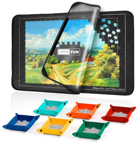 LOTMOFUN Puzzle Board, Tragbare Puzzlematte mit Transparenter Wasserdichter & Staubdichter Abdeckung für Puzzleaufbewahrung/Saver, Puzzlebrett mit 6 Sortierschalen, für bis zu 1000 Puzzleteile