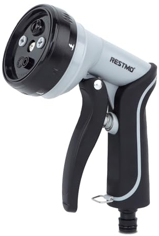 Restmo Pistola a Spruzzo per Tubo Flessibile con 5 Modalità di Spruzzo, Irrigatore per Tubo da Giardino con Cono Girevole Unico e Modalità Turbo-Soffio, Ideale per Lavaggio Auto, Irrigazione Piante