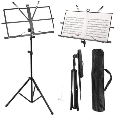 Elsrantor Notenständer & Tischständer 2 in 1, Music Stand Klappbar Stabil, Notenpult, Notenhalter aus Metall, Faltbares Metall-Stativ mit Tragetasche, für Kinder und Erwachsene, Schwarz