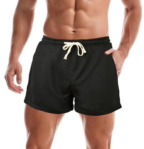 BSBUY Pantalones Cortos para Correr de 3 Pulgadas para Hombre, Pantalones Cortos para Culturismo, Pantalones Cortos Deportivos de Algodón, Pantalon Gym Hombre, L(Negro)