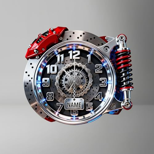 Personalized Racing Wheel and Shock Absorber Themed Clock for Bedroom Living Room Club Garage Racing Car Theme Wall Art Sign Plaque Custom Name Car Engine Brake Pads Wall Clock Gift for Men Husband