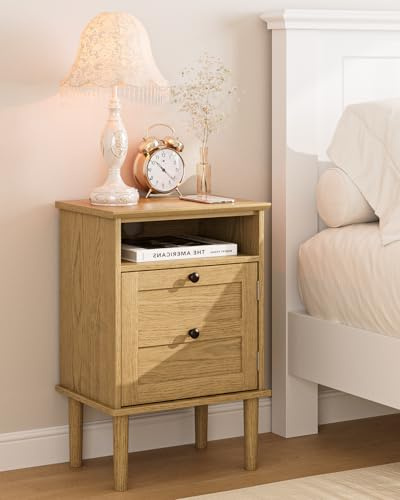 HEYZOEY Wooden Bedside Cabinet with Door & Open Top Shelf – Side Table for Bedroom & Living Room,Fits Small Space(Light Oak 1)