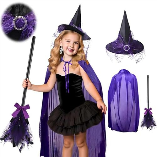 Dwafill Chapeau Sorcière Enfant Adultes, Deguisement Sorcière Halloween Enfant, Costume Sorcier 3 4 8 ans, Balai Cape Halloween, Accessoires, pour Carnaval, Fêtes Costumées