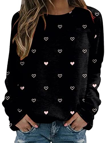 Sweatshirt Womens Valentines Day Soft Jumper Cute Love Heart Patterned Loose Top Long Sleeve Crewneck Shirt Pink Ladies Teens Holiday Blouse Pullover women top