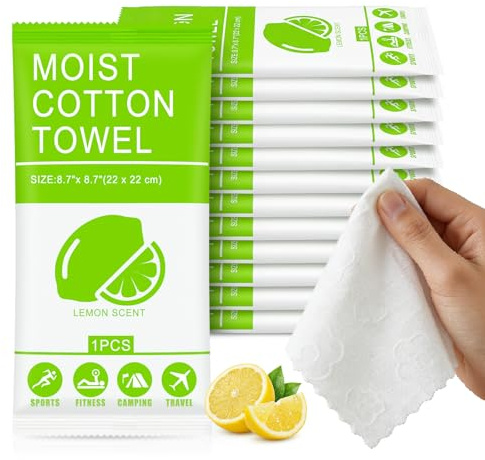 Body Wash Towelettes Scented Lemon Moist Cotton Towel 8.66''x8.66'' Moist Towelettes Travel Size Individually Wrapped Bulk for Hiking Gym Camping Outdoor Sports (50 Pack)