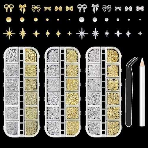 Sularpek 3D-nagelberlocker, Sularpek 3 lådor guld silver naglar ädelstenar strass med pincett, blandade rosetter stjärnor pärlor nagelkonst berlocker för kvinnor flickor gör-det-själv manikyrtillbehör