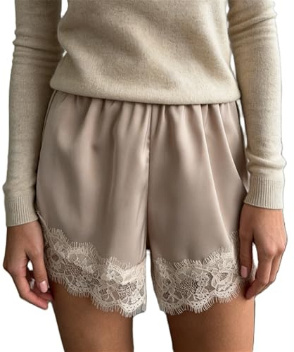 Women Lace Satin Shorts Silk Y2k Elastic Waist Mini Shorts Coquette Aesthetic Boxer Slip Pettipants French Knickers (Champagne, Medium)