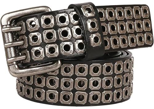 OBASDFD Cinturón Hueco Con Tachuelas De 3 Filas - Extra Largo, Estilo Punk Rock, Gótico, Hip Hop, Correa Cuero Genuino Remaches,8 Cm Ancho