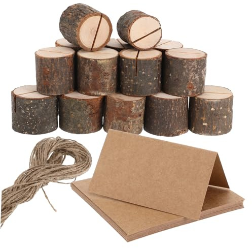 Cabilock 20 Juegos Portatarjetas de Mesa Rústico de Madera con Diseño de Tocón de Árbol, Soporte para Números y Fotos con Cuerda de Yute, Adecuado para Bodas y Eventos