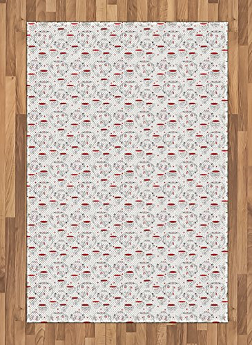 Ambesonne Tea Party Area Rug, Doodle Style Crockery Illustration of Floral Patterned Kettles and Cups, Flat Woven Accent Rug for Living Room Bedroom Dining Room, 4' X 5' 7, Red Black White