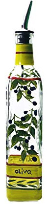 Containly Hand Painted Glass Oliva Branch Oil/Vinegar Glass Cruet for Kitchen, 16 oz Olive Oil Dispenser With Stainless Steel Spout for Easy Pouring