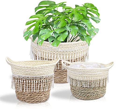 JNRFTY 3er Set Pflanzkorb Blumenkorb Geflochten,altbarer Seegras-Korb,Handgewebter Übertöpfe Blumentopf Pflanzkorb Tassel