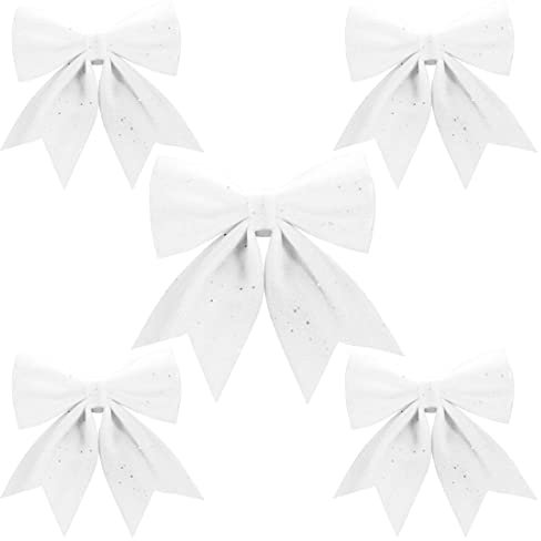 Aurasky Fiocchi di Natale Bianco, 5 pezzi Fiocchetti Bianco Albero di Natale, Fiocchi di Natalizi Grande, Christmas Glitter Bows, Regalo Fiocchi Decorazione di Natalizie 24 & 18 cm