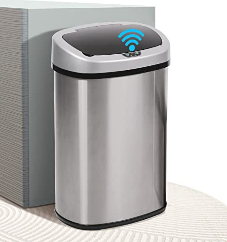 MKDLUFEI 13 Gallon Motion Sensor Trash Can, Brushed Stainless Steel, 13 Gallon Capacity, Touchless Garbage Can for Home Office