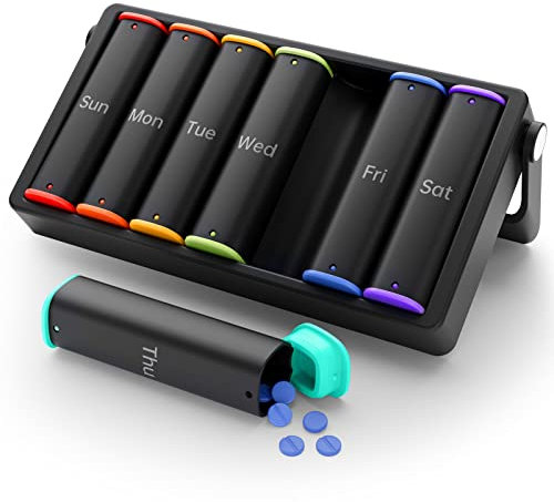 Tablettenbox 7 Tage Morgens Abends, KOVIUU Woche Pillendose 2 FäCher, Medikamentenbox Unterwegs, Pill Box,GroßE Tabletten Tablettendose Organizer, Medikamentendose Pillenbox für Vitamine, Schwarz