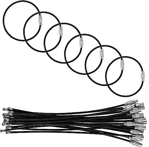 luvtree Lot de 20 anneaux en acier inoxydable noir – câble 15 cm (Ø 2 mm) – fermeture à écrou, polyvalent pour clés, bagages, outils et divers usages de rangement et suspension