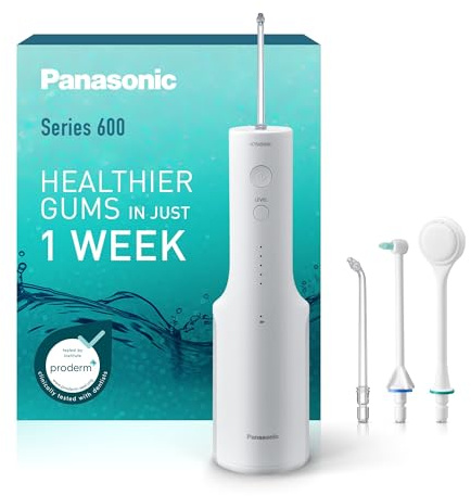 Panasonic Series 600 Water Flosser for Teeth, Cordless EW-DJ67-W311, 99.9% Plaque Remover, IPX7, 2 Ultrasonic Nozzles, 1 Orthodontic & 1 Tongue Care Nozzle, 5 Pressure Settings, Oral Irrigator, White