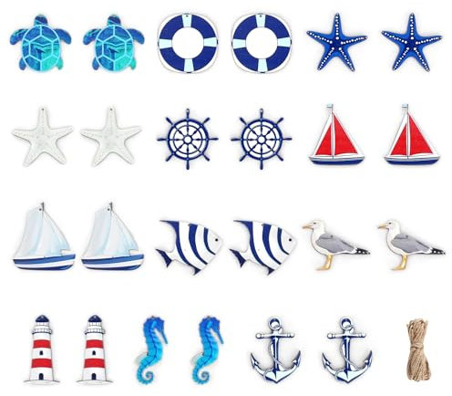 RONMOSNEA Set di 24 ciondoli marittimi, decorazione nautica, set di decorazioni marittime, stelle marine, barca, ancora, faro, palma di cocco, per mini rete da pesca, decorazioni da parete