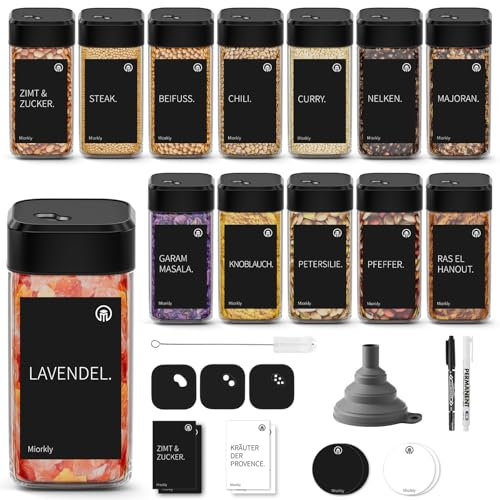 Miorkly Gewürzgläser Eckig Set, 12er*120ML Gewürzgläser Schwarz mit Streueinsatz, Gewürzstreuer Glas Gewürzdosen Leer Set, Gewürzbehälter, Spice Jars, Aufbewahrung Gewürz Organizer Gewurzglaserset