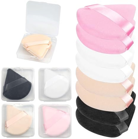 LunarCharm Juego de 8 borlas triangulares con 4 estuches de viaje, esponja de base de maquillaje reutilizable y borlas de maquillaje, polvo