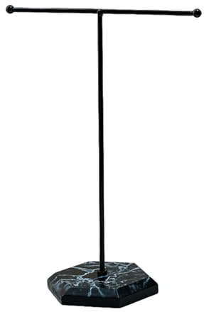 Necklace Stand and Earring Holder, Jewellery Display, Black, 25.5 x 18.5cm | Sturdy iron and wood-panel construction; keeps rings, bracelets, and watches organised on a dresser or vanity
