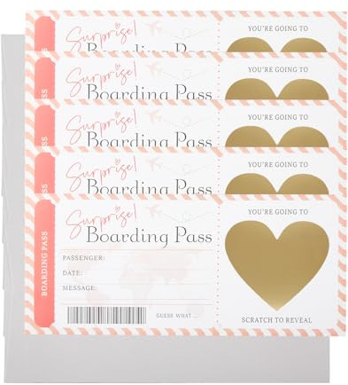 Bojueshaw 5pcs Personalized Scratch Card Reveal Kit,Surprise Trip Boarding Pass with Envelopes & Heart Stickers,Custom Travel Gift for Anniversary,Birthday,Wedding