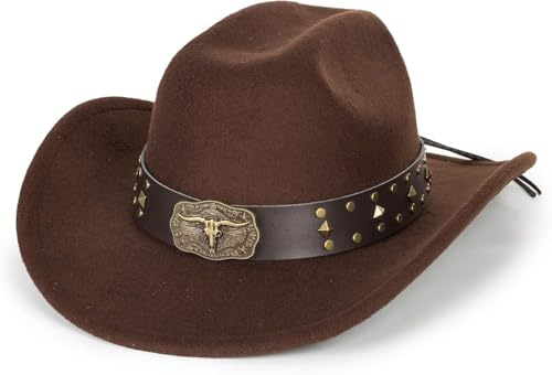 Chapeau de Cowgirl en Feutre Western Classique pour Femme et Homme avec Large Bord Fedora Jazz avec Bande de Taureau, marron, M