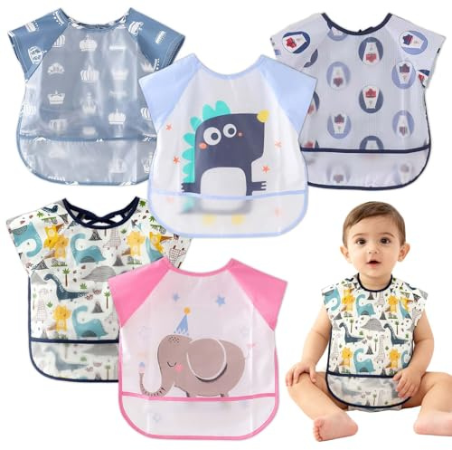 Lunaanda Juego De 5 Babero Bebe,Babero Impermeable,Baberos Para Destete Con Mangas Cortas,Material Suave Y Agradable,Para Bebés Pequeños 1 A 2 Años